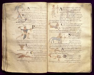 Ms 422 Fol.27vと29vセビリアのイシドルによる「De Natura Rerum」からの星座を横切る月の道 作： French School